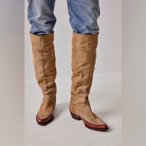 New Free People Sterling Western Tall Boots Tan Suede Leather Size 37.5 - Picture 2 of 13
